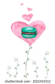 Watercolor romantic illustration with heart and mint macaroon