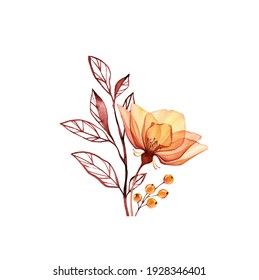 Watercolor Rose bouquet. Transparent orange flower with branch and berries isolated on white. Hand painted vintage arrangement. Botanical illustration for cards, wedding design
