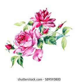 Watercolor Rose Bunch Roses On White Stock Illustration 589593800