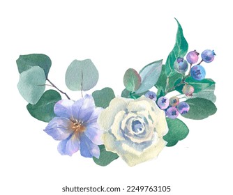 Watercolor rose, eustoma, blueberry and eucalyptus branches, isolated on white background. For the design and decoration of wedding and greeting printing. - Powered by Shutterstock