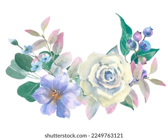 Watercolor rose, eustoma, blueberry and eucalyptus branches, isolated on white background. For the design and decoration of wedding and greeting printing. - Powered by Shutterstock