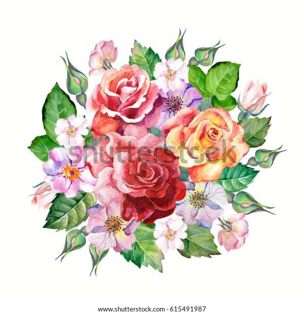 Watercolor Roses Bouquet Stock Illustration 615491987