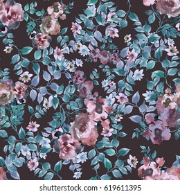  Watercolor roses branch seamless pattern.