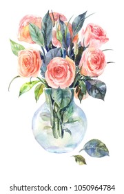 Watercolor Roses Glass Vase Isolated On Stock Illustration 1050964784 ...