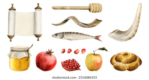 Watercolor Rosh Hashanah illustration set, Shana Tova collection for Jewish New year isolated on white background. Honey, Torah scroll, round challah, shofar, pomegranate fruits and fish - Powered by Shutterstock