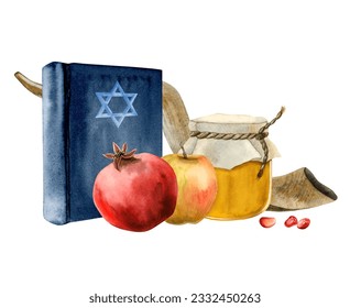 Watercolor Rosh Hashanah symbols with Torah book, star of David, honey jar, pomegranate fruit and apple, long shofar horn illustration isolated on white for Jewish new year and yom kippur - Powered by Shutterstock