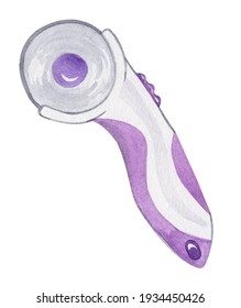 Watercolor Rotary Cutter For Scrapbook Isolated On White Background. Purple Cutting Tool  Illustration For Sewing