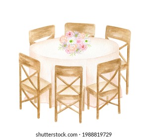 Watercolor Round Banquet Table With Wood Chairs Isolated On White Background. Hand Drawn Draped Table With Cloth And Floral Bouquet. Elegant Design For Wedding Reception, Restaurant, Seating Chart