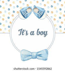 Watercolor Round Blue Frame For Cute Boy With Bow Bowtie And Boy's Boots