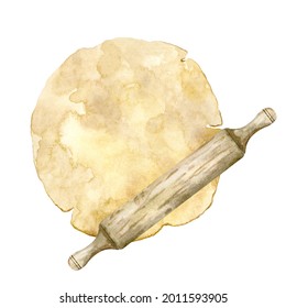 Watercolor Round Dough With Rolling Pin. Hand Drawn Culinary Illustration Of Baking.