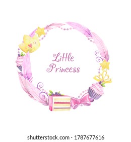 Watercolor Round Farme For Little Princess. Crowns, Cakes, Beads, Bow And Other Favourite Things