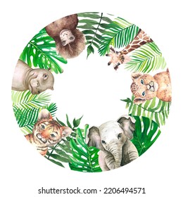 Watercolor Round  Jungle Animals Frame Clipart, Safari Bay Shower, Birthday Invitation, Wild One Print