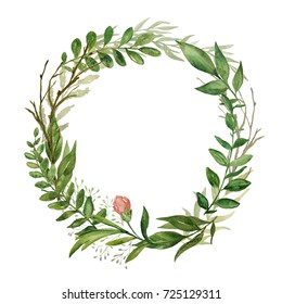Watercolor round wreath with green leaves, twigs, branches, and flower isolated on the white background. Greeting card or wedding invitation template with the space for text.