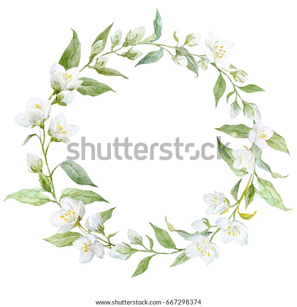 水彩の丸い花輪は ジャスミンの花 小枝と葉 招待状テンプレート のイラスト素材 667298374