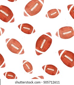 Watercolor rugby ball seamless pattern, painted on white background