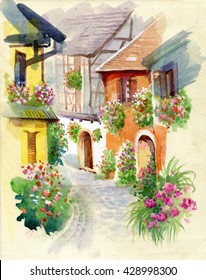 Watercolor Rural Village In Green Summer Day