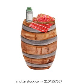 Watercolor rustic design: wooden barrel with apples harvest, bottle and checkered napkin. Village life concept. Rural garden decor, farming. For greeting cards, books, catalogs, postcards, packaging - Powered by Shutterstock