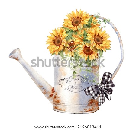 Watercolor Rusty iron watering can with sunflower bouquet. Farmhouse style illustration.  Vintage french country design