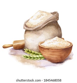 Watercolor Rye Flour On White Background. Watercolour Food Illustration.