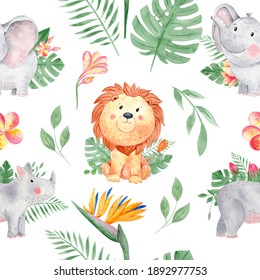 Watercolor Safari Animals Seamless Pattern. Floral Seamless Background. Watercolor African Animals For Kids. Jungle Baby Animals.