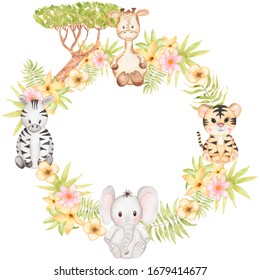 Watercolor Safari Animals And Tropical Florals Bouquet Illustration. Green Tropic Leaves Wreath. Monstera Leaf. Kids Birthsday Card. Baby Shower Graphics. Zoo Animal- Zebra, Elephant, Tiger, Giraffe.