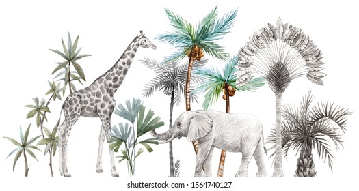 Watercolor Safari Animals With Tropical Palms Composition. African Giraffe, Elephant.