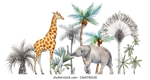 Watercolor Safari Animals With Tropical Palms Composition. African Giraffe, Elephant.