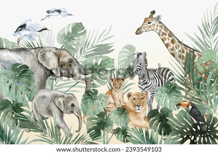 watercolor safari animals wallpaper mural for kids, jungle forest, giraffe, elephant, zebra, lion
