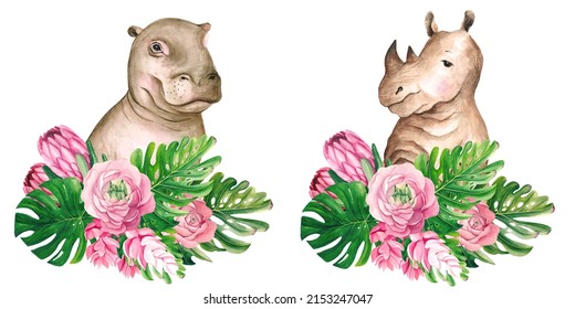 Watercolor Safari Hippo And Rhino, Jungle Animals In Tropical Flowers Clipart, Tropical Kids Sublimation, Baby Shower Illustration, Wild One Design