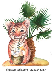 Watercolor Safari Tiger, Jungle Animals In Tropical Flowers Clipart, Tropical Beach, Kids Sublimation, Baby Shower Illustration, Wild One Design