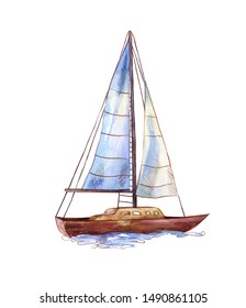Watercolor Sailboat In Sketch  Style. Seascape Illustration