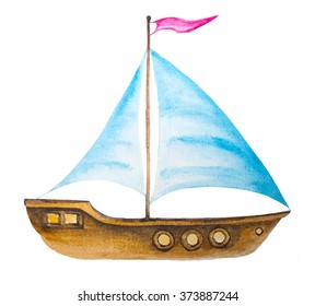 Watercolor Sailing Boat Symbol. Raster 