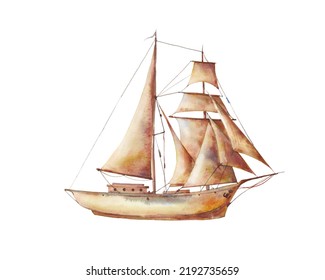 Watercolor Sailing Ship Isolated On White Background. Sailboat Illustration.