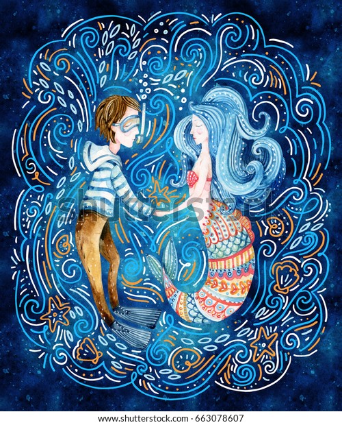 水彩船乗りと人魚と恋をした人魚は 落書き風の波に囲まれ 海の星 貝殻に囲まれている 可愛い海のキャラクター 愛する夫婦 手描きの海の漫画のイラスト の イラスト素材