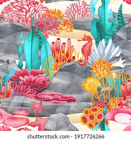 Watercolor Sandy Ocean Bottom With The Stones, Coral Reef Plants And Creatures. Hand Painted Repeated Seamless Pattern