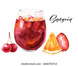Watercolor sangria Spanish cocktail isolated on white background. Hand drawn drink illustration.	
