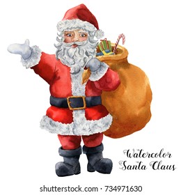 Watercolor Santa Claus. Hand painted Christmas character with gift bag isolated on white background. Holiday print for design, fabric or background.