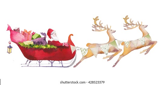 Watercolor Santa Claus illustration  Hand drawn Santa and gift boxes rides in sleigh pulled by reindeer  Christmas artwork isolated white background