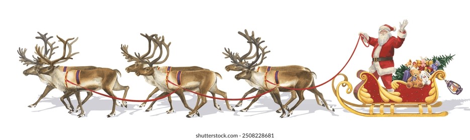 Watercolor Santa Claus on a sleigh with six reindeer carrying gifts - Powered by Shutterstock