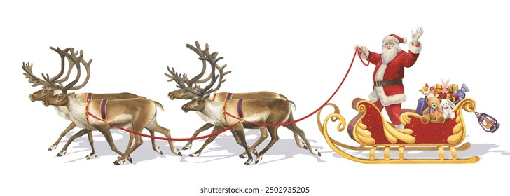 Watercolor Santa Claus in a sleigh with reindeer and Christmas gifts - Powered by Shutterstock