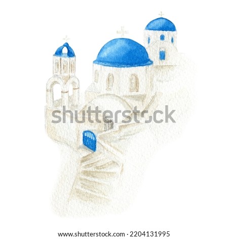 Watercolor Santorini Greece illustration. Traditional blue and white dome church over the Caldera in Aegean sea. Oia village on Santorini island. Greek architecture.