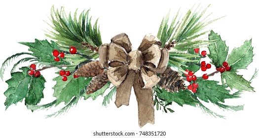 Watercolor Scandinavian Christmas Composition. Hand drawn winter decoration. Spruce, holly and pinecones bouquet, decorated with a canvas bow.