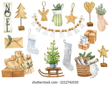 Watercolor Scandinavian Christmas Decoration Clipart. Cozy Christmas Hygge Art. Pine Tree, Fireplace, Gift Boxes, Wooden Decor Illustration. Ideal For Christmas Cards And Stickers.