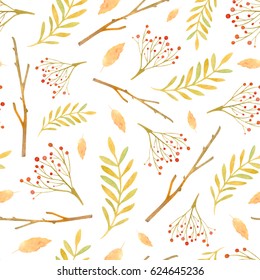 Watercolor Scandinavian Fall Pattern With Orange Green Leaves Branch And Red Rowan On White Background
