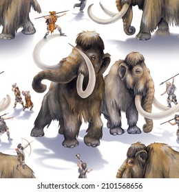 Watercolor scene of cavemen hunting on a mammoths. Hand painted historical illustration of the Ice Age