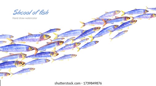 Watercolor School Of Blue Fish Isolated On White Background. Underwater Background For Marine Or Fishing Design