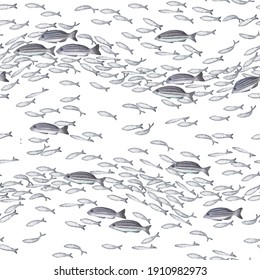 Watercolor School Of Fish Swimming In Form Of Wave. Hand Painted Repeated Seamless Pattern