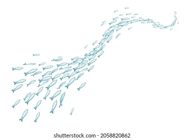 Watercolor School Of Fish Swimming In Form Of Wave. Hand Painted Design Isolated On White Background