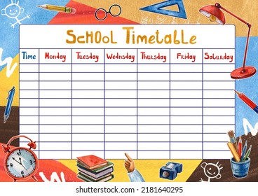 Watercolor School Timetable Printable Blank Ready Stock Illustration ...