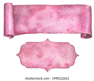 Watercolor scroll paper or papirus ribbon. Hand drawn pink element, illustration isolated on white background.